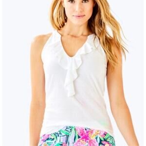 Lilly Pulitzer Shay Ruffle Neck Tank Top Women's Size L White Pima Cotton